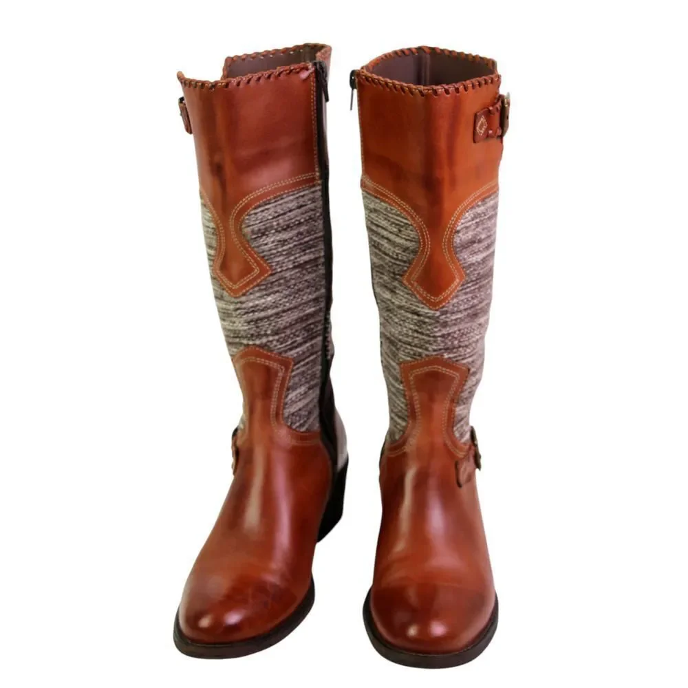 Fortress of Inca BROWN LEATHER TAPESTRY MID HEEL ZIP SIDE ROUND TOE BOOTS Sz 6
